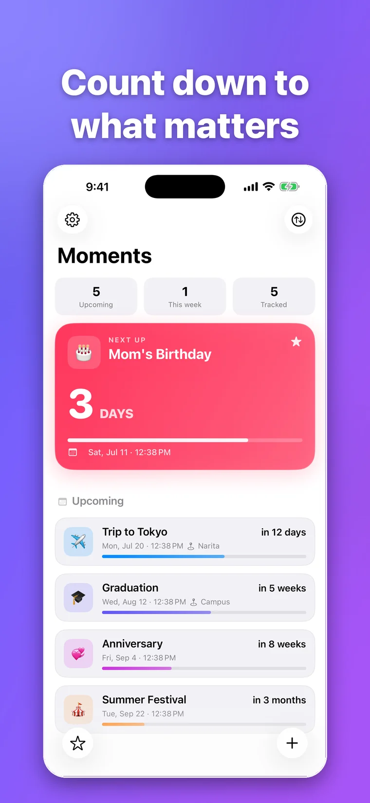 Moment365 home screen showing colorful countdowns for a birthday, trip, graduation, and anniversary