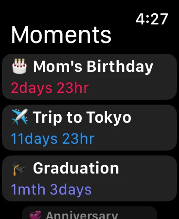 Moment365 Apple Watch screen listing upcoming moments